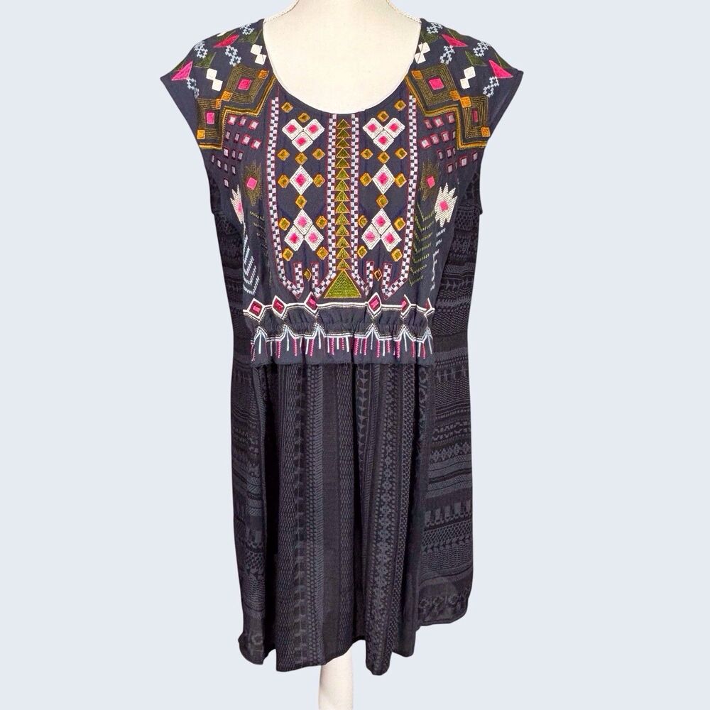 Anthropologie One September Embroidered Tunic Dress Large Gray Barranco